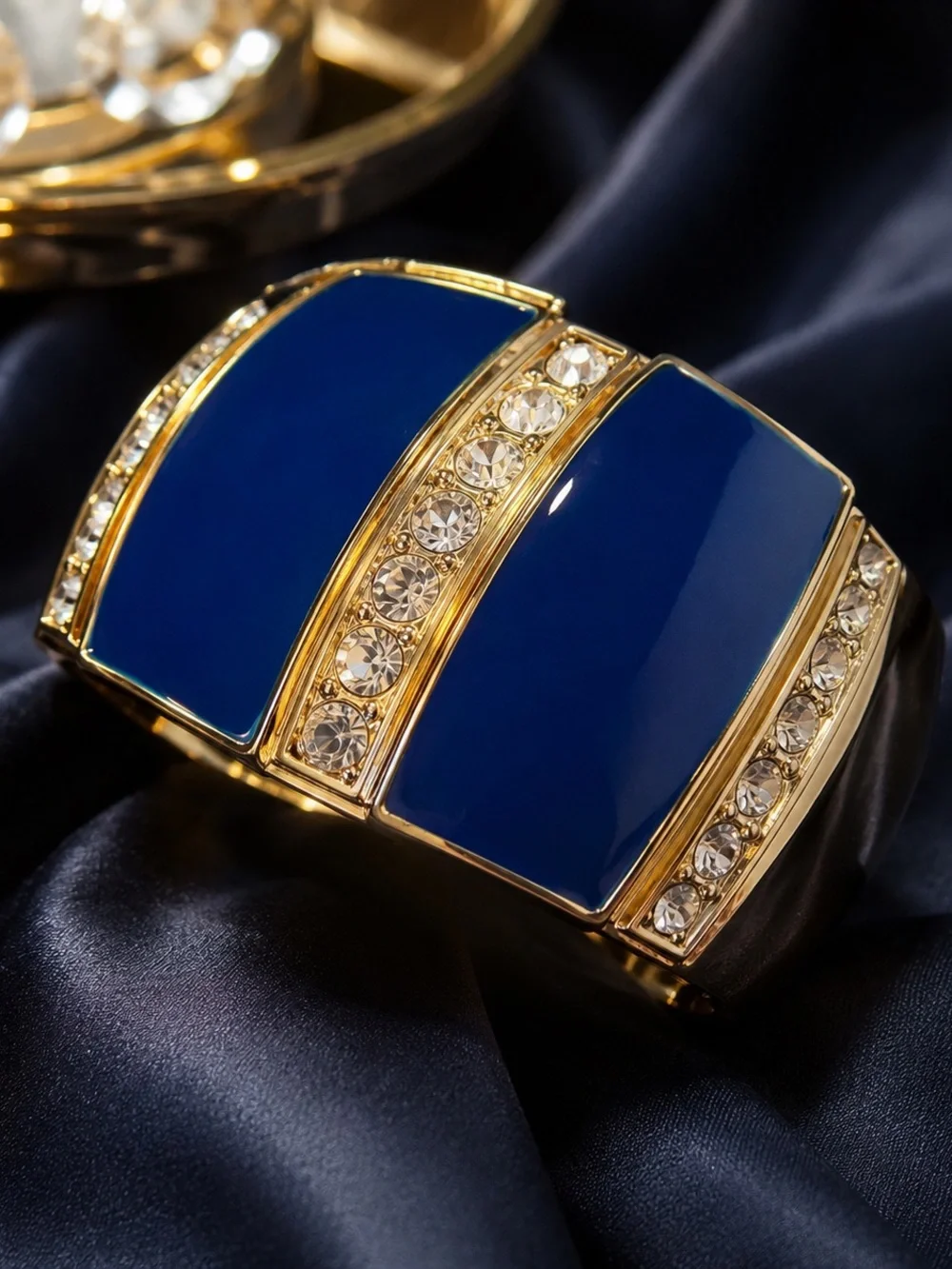 Blue Gold Tone Rhinestone Cuff Bracelet Statement Vintage Glam Chic